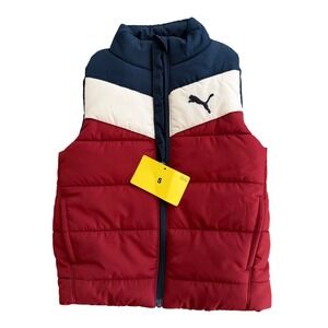 NWT Puma Kids Puffer Vest Red Navy White Colorblock Full Zip Size 5 Outdoor